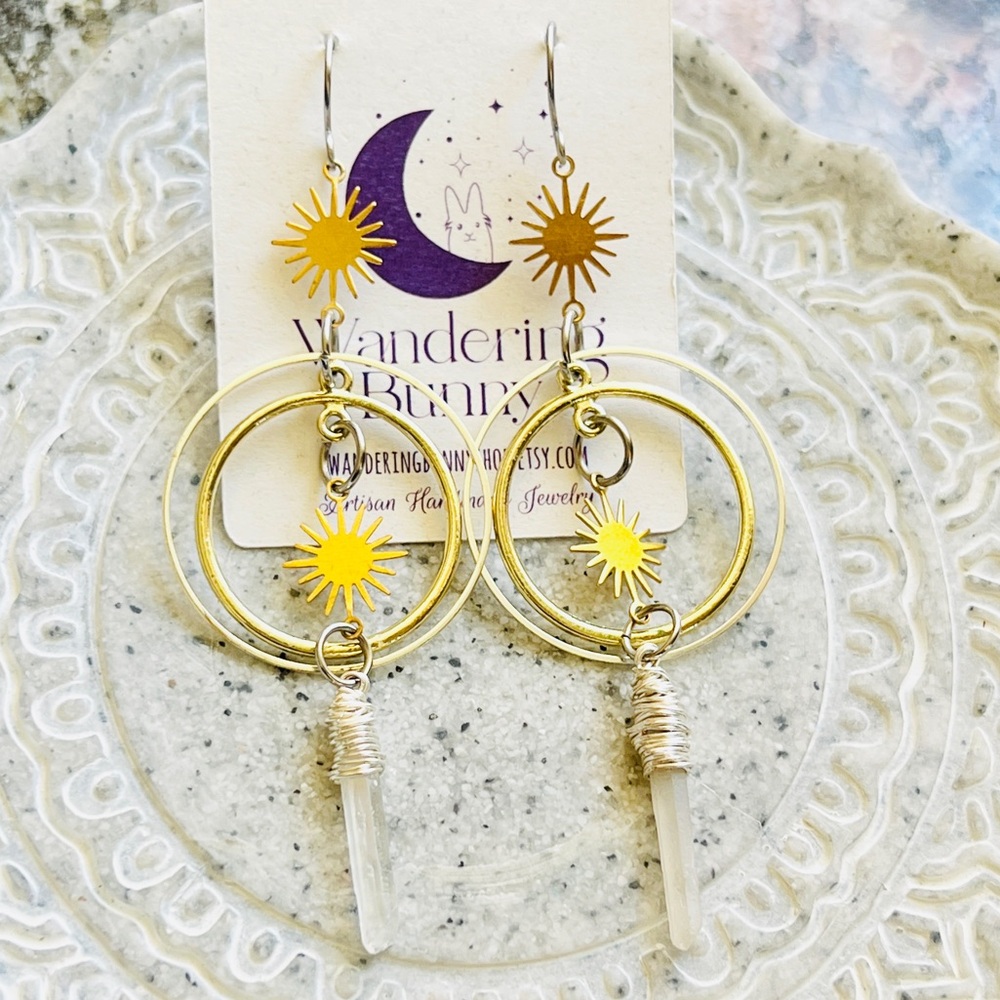 Quartz Sun Hoop Earrings - Handmade by Wandering Bunny LLC